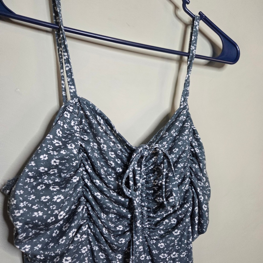 MISSUFE Floral Cami Mini Dress Women Small Blue Ruched Tie Front Summer Sundress